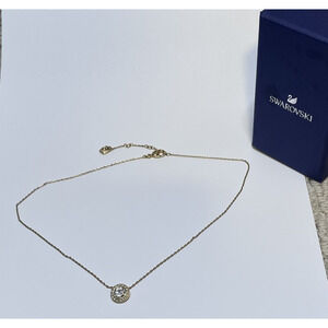 Swarovski Crystal Round Solitaire Pendant Necklace Gold NEW BOX Halo Pave Adj